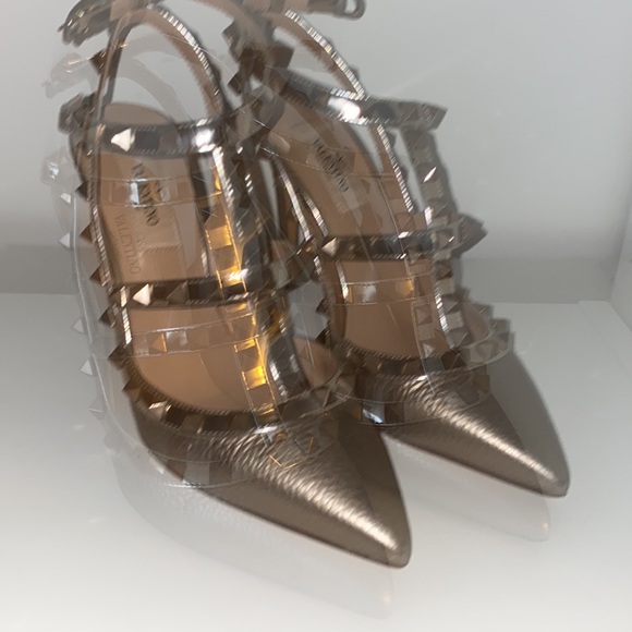 Metallic Champagne Valentino Rockstud Caged Pumps - Picture 2 of 6